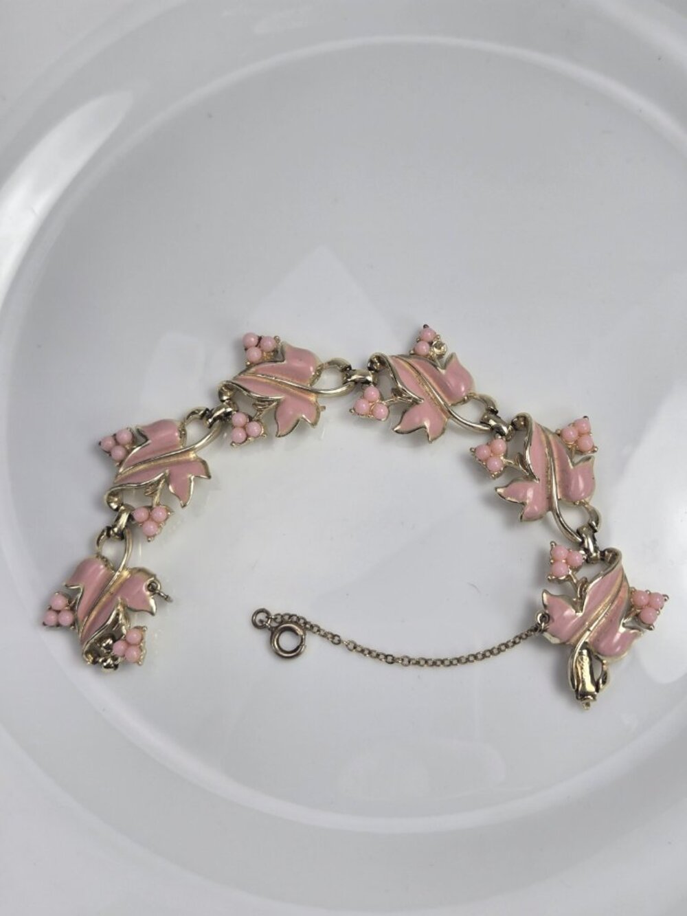 Vintage Coro Pink Thermoset Bracelet Leaf Floral Link MCM 1950s 60s - Picture 3 of 12